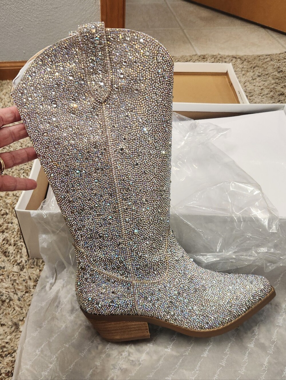 Betsey Johnson Crystal Embellished Dalas Cowgirl Boots - Size 6.5 NEW IN BOX